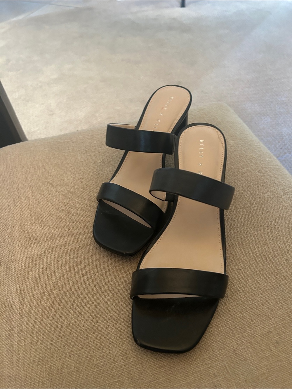Kelly & Katie Black Double-Strap Square-Toe Slide Mules
